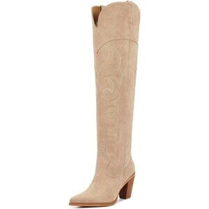 Women Over Knee Apricot Faux Leather Pull On Tab Chunky Heel Pointed Toe Boots